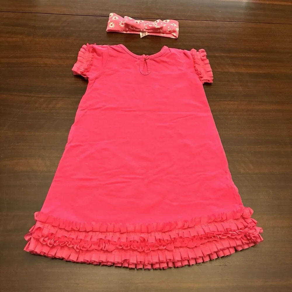 Just Blanks Pink Dressed W/ Bunny Rabbit And Daisy Hair Bow band. Ruffle 18 Mths